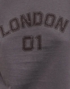 Motel Rocks Printed Tops-Sakha Boxy Tee in Dark Grey with London Print and Brown Binding DarkGreywithLondonPrintandBrownBinding