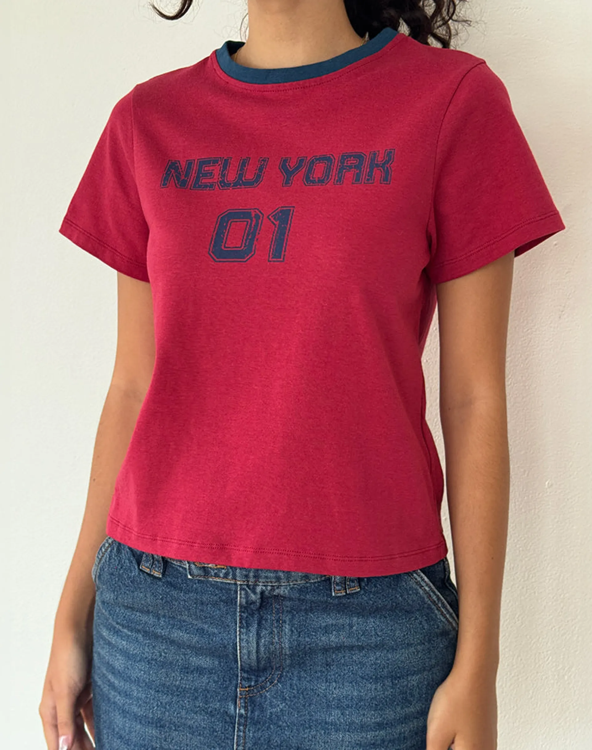 Motel Rocks Basic Tops | Tees-Sakha Boxy Top in Adrenaline Red with Blue New York Print AdrenalineRedwithBlueNewYorkPrint