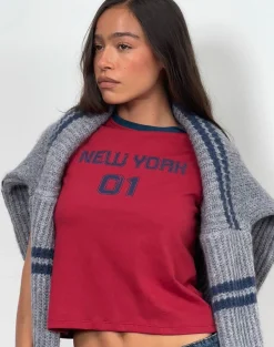 Motel Rocks Basic Tops | Tees-Sakha Boxy Top in Adrenaline Red with Blue New York Print AdrenalineRedwithBlueNewYorkPrint