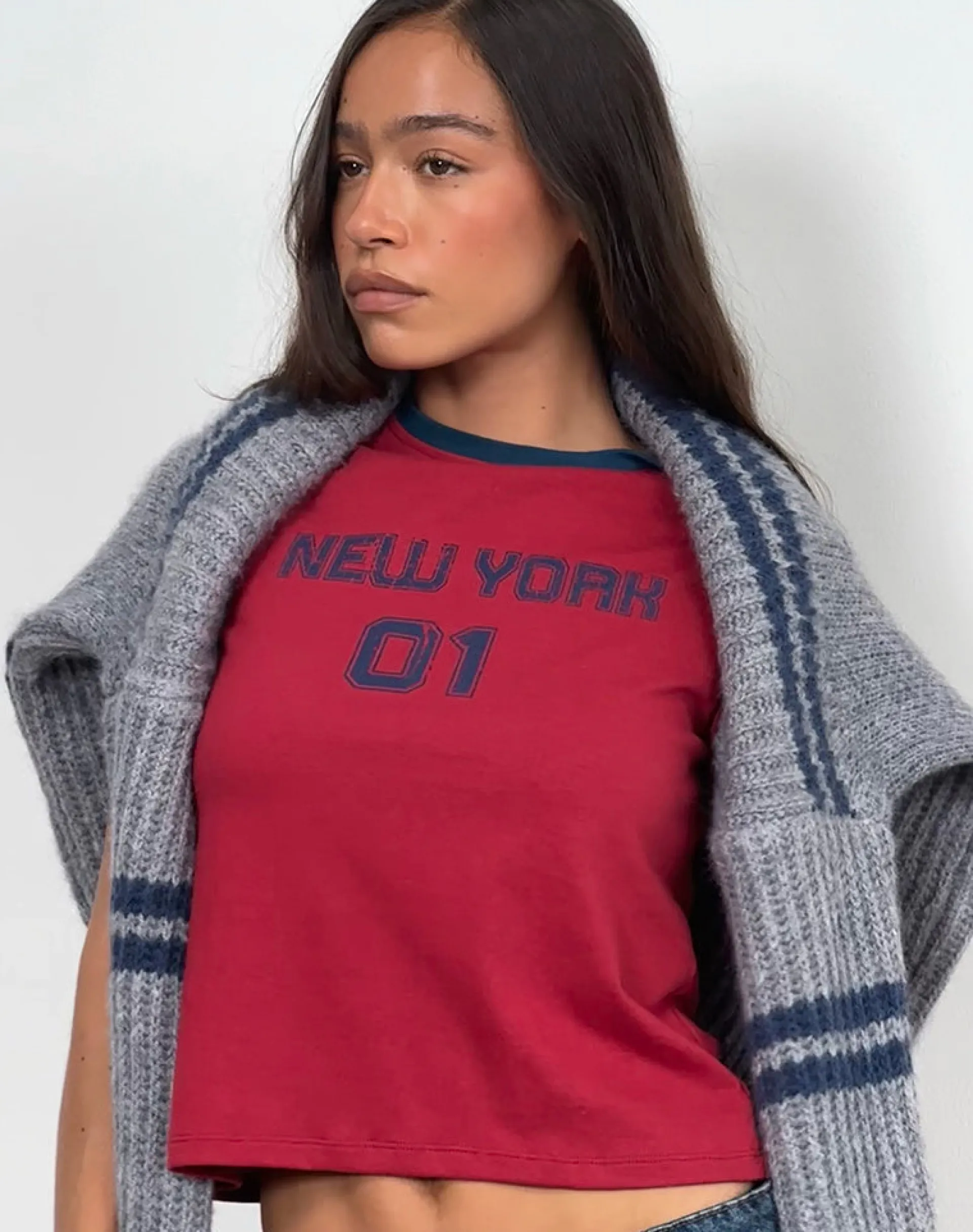 Motel Rocks Basic Tops | Tees-Sakha Boxy Top in Adrenaline Red with Blue New York Print AdrenalineRedwithBlueNewYorkPrint