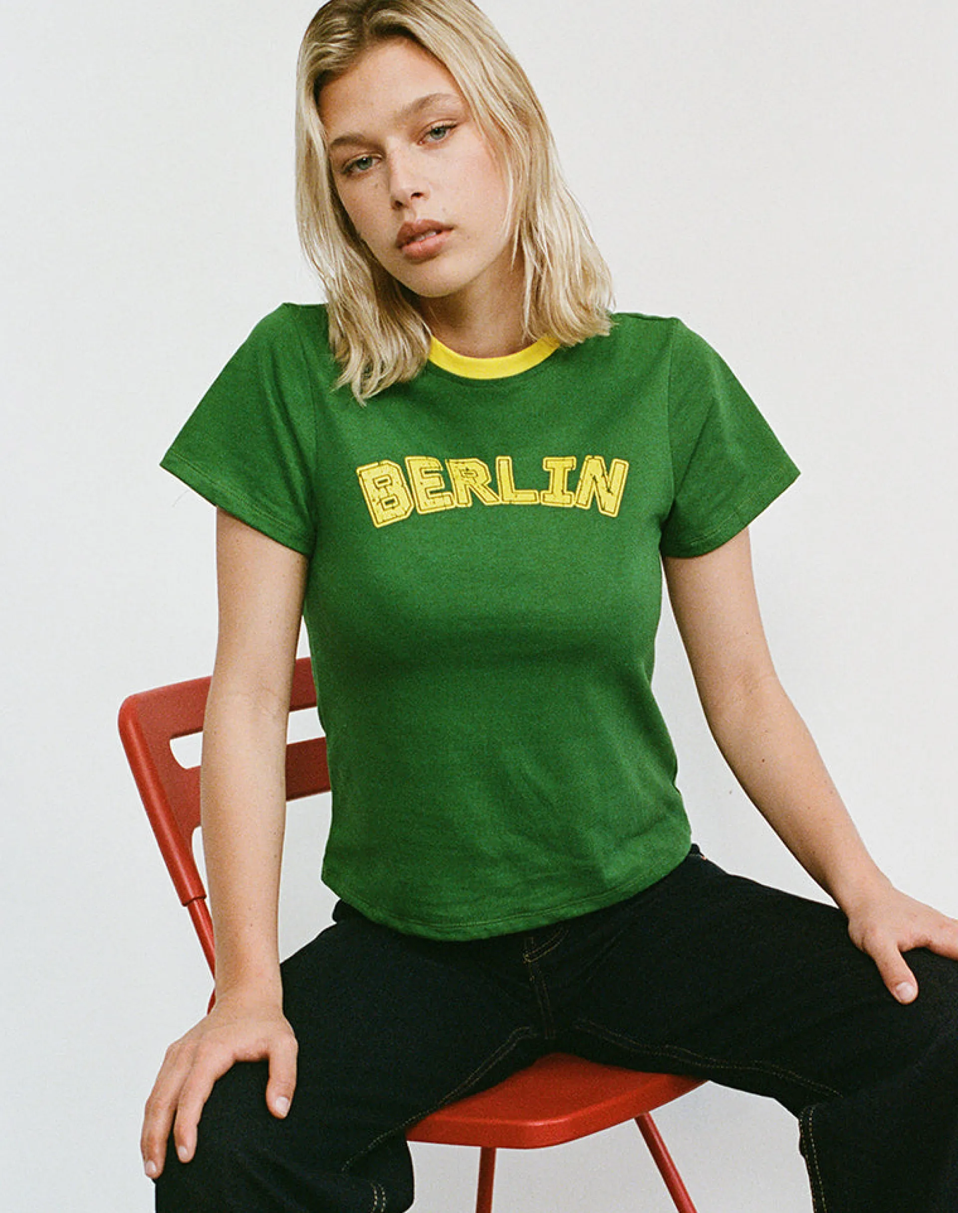 Motel Rocks Basic Tops | Printed Tops-Sakha Boxy Top in Elm Green with Yellow Binding and Berlin Emb ElmGreenwithYellowBindingandBerlinEmb