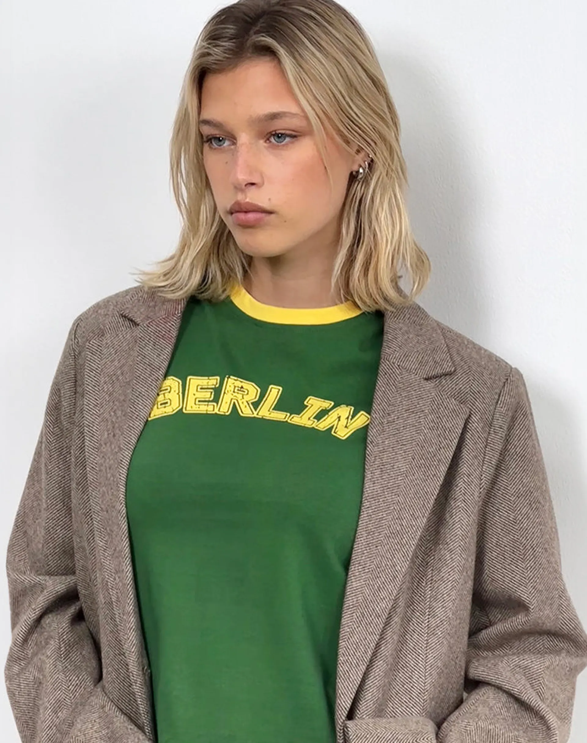 Motel Rocks Basic Tops | Printed Tops-Sakha Boxy Top in Elm Green with Yellow Binding and Berlin Emb ElmGreenwithYellowBindingandBerlinEmb