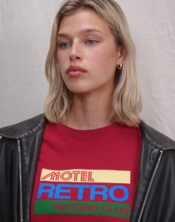 Motel Rocks Printed Tops | Tees-Saki Tee in Adrenaline Red with Motel Retro Club Motif AdrenalineRedwithMotelRetroClubMotif