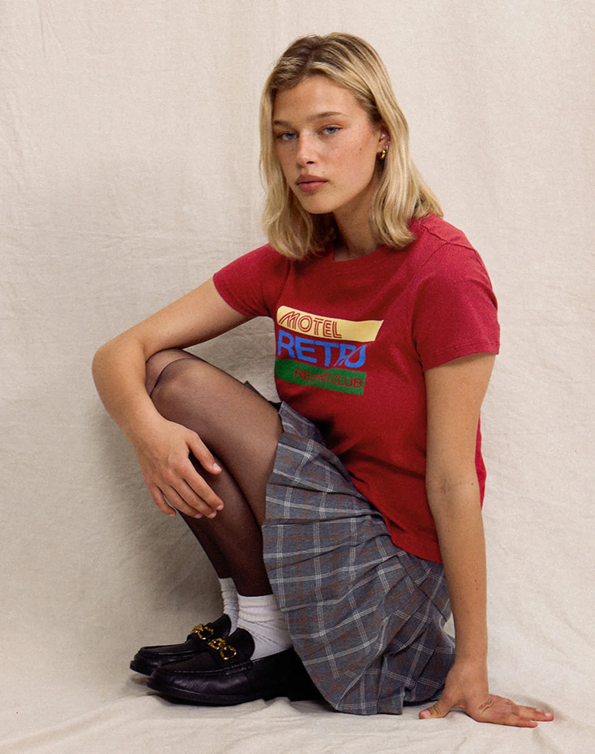 Motel Rocks Printed Tops | Tees-Saki Tee in Adrenaline Red with Motel Retro Club Motif AdrenalineRedwithMotelRetroClubMotif