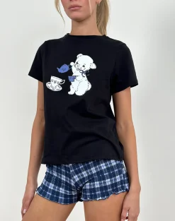 Motel Rocks Basic Tops | Tees-Saki Tee in Black With Tea Time Print BlackwithTeaTimePrint