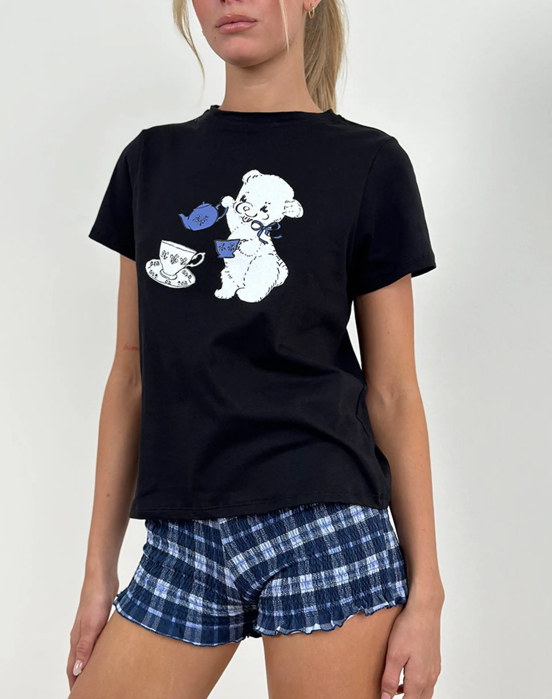 Motel Rocks Basic Tops | Tees-Saki Tee in Black With Tea Time Print BlackwithTeaTimePrint