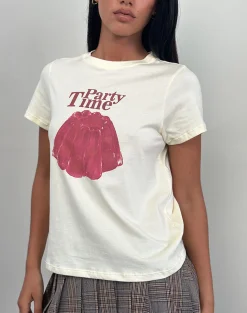 Motel Rocks Printed Tops | Tees-Saki Tee in Buttermilk with Party Time Print ButtermilkwithPartyTimePrint