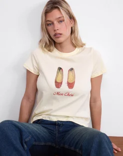 Motel Rocks Printed Tops | Tees-Saki Tee in Buttermilk with Mon Cheri Print ButtermilkwithMonCheriPrint