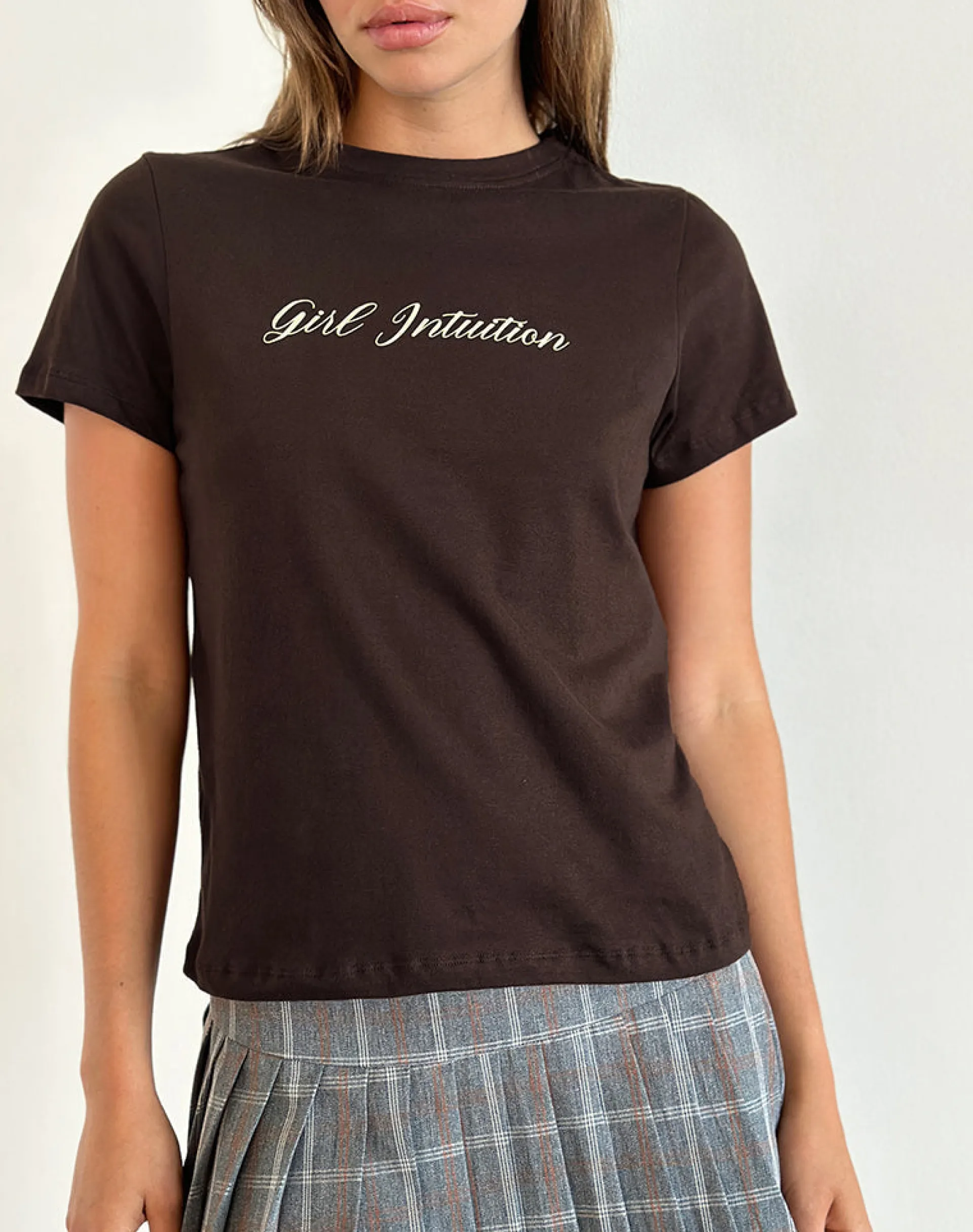 Motel Rocks Basic Tops | Printed Tops-Saki Tee in Chocolate Brown with Girl Intuition Print ChocolateBrownwithGirlIntuitionPrint