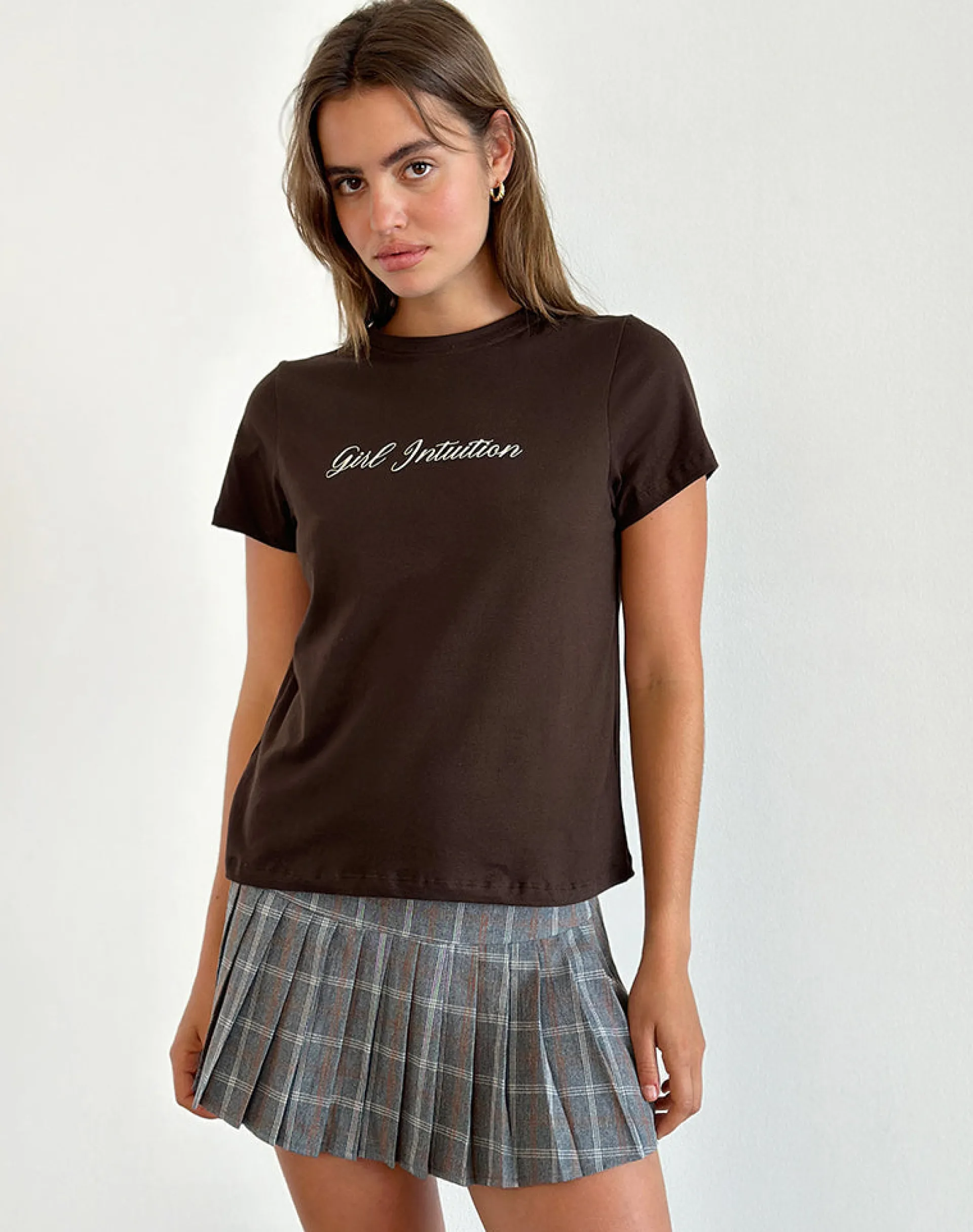 Motel Rocks Basic Tops | Printed Tops-Saki Tee in Chocolate Brown with Girl Intuition Print ChocolateBrownwithGirlIntuitionPrint