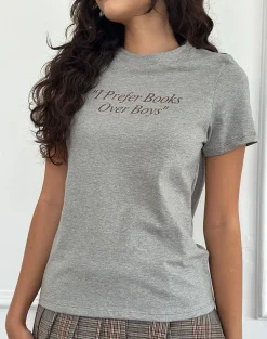 Motel Rocks Basic Tops | Printed Tops-Saki Tee in Grey Marl with I Prefer Books Over Boys Slogan GreyMarlwithIPreferBooksOverBoysSlogan