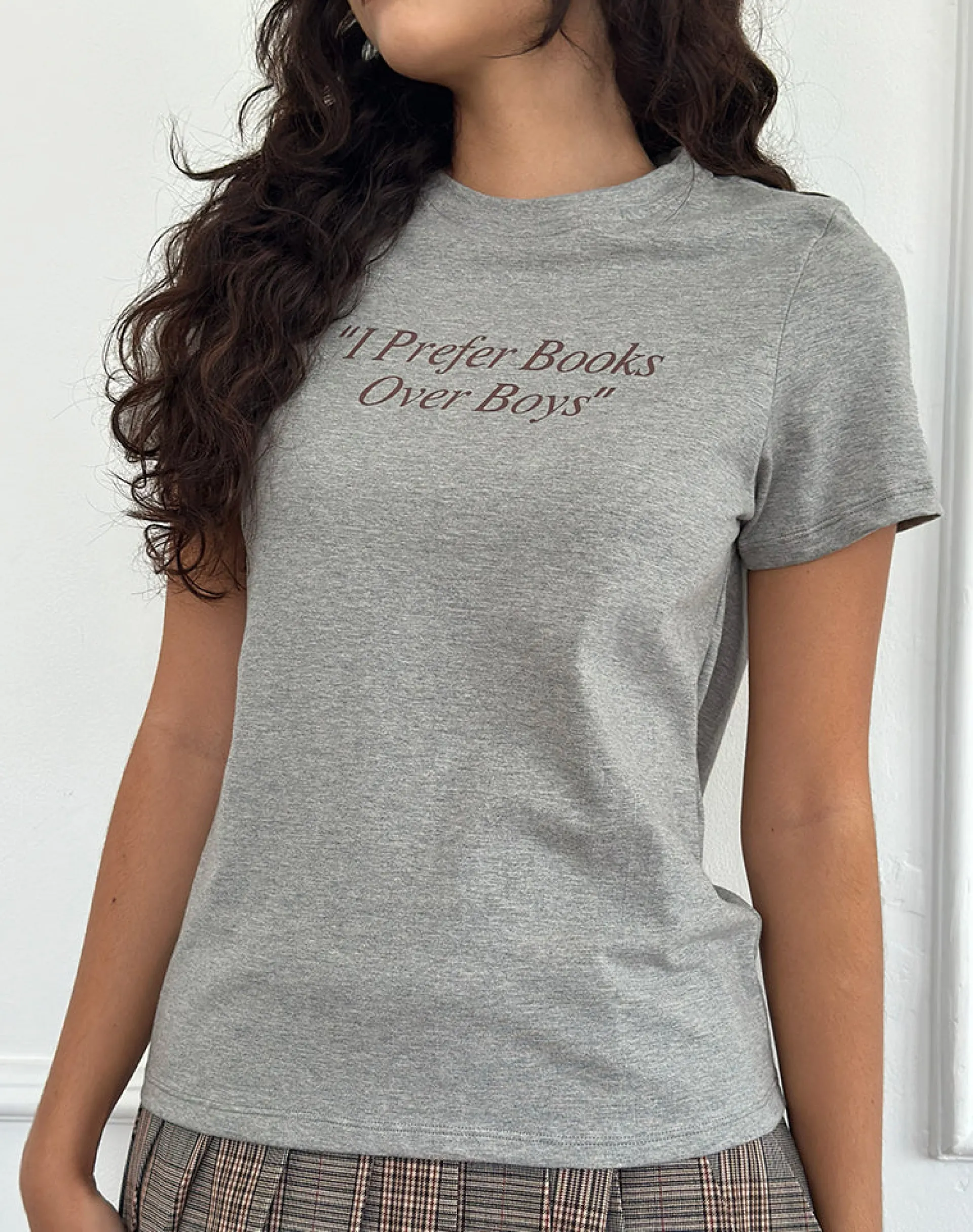 Motel Rocks Basic Tops | Printed Tops-Saki Tee in Grey Marl with I Prefer Books Over Boys Slogan GreyMarlwithIPreferBooksOverBoysSlogan