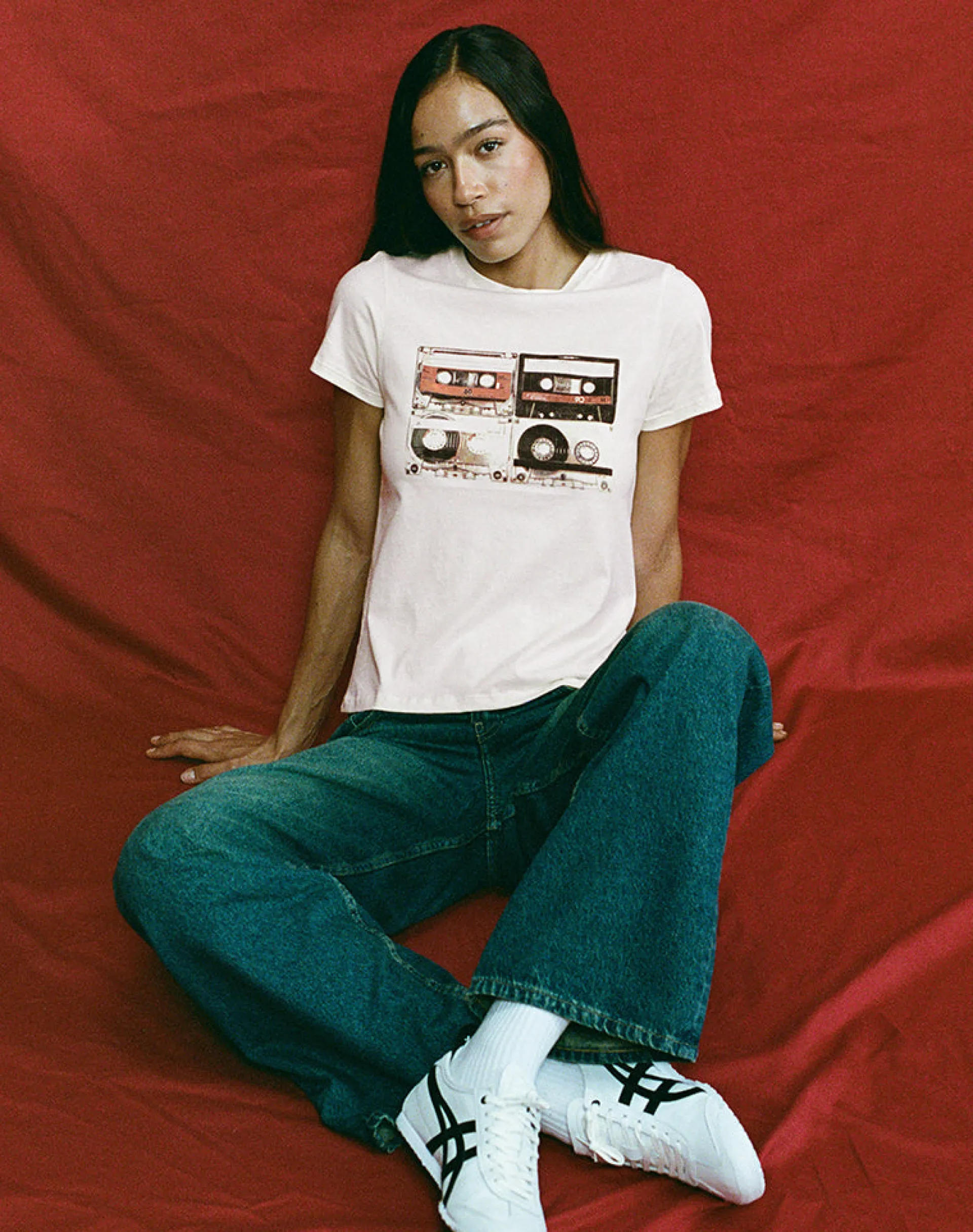 Motel Rocks Printed Tops | Tees-Saki Tee in Ivory with Retro Cassette Motif IvorywithRetroCassetteMotif