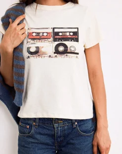 Motel Rocks Printed Tops | Tees-Saki Tee in Ivory with Retro Cassette Motif IvorywithRetroCassetteMotif