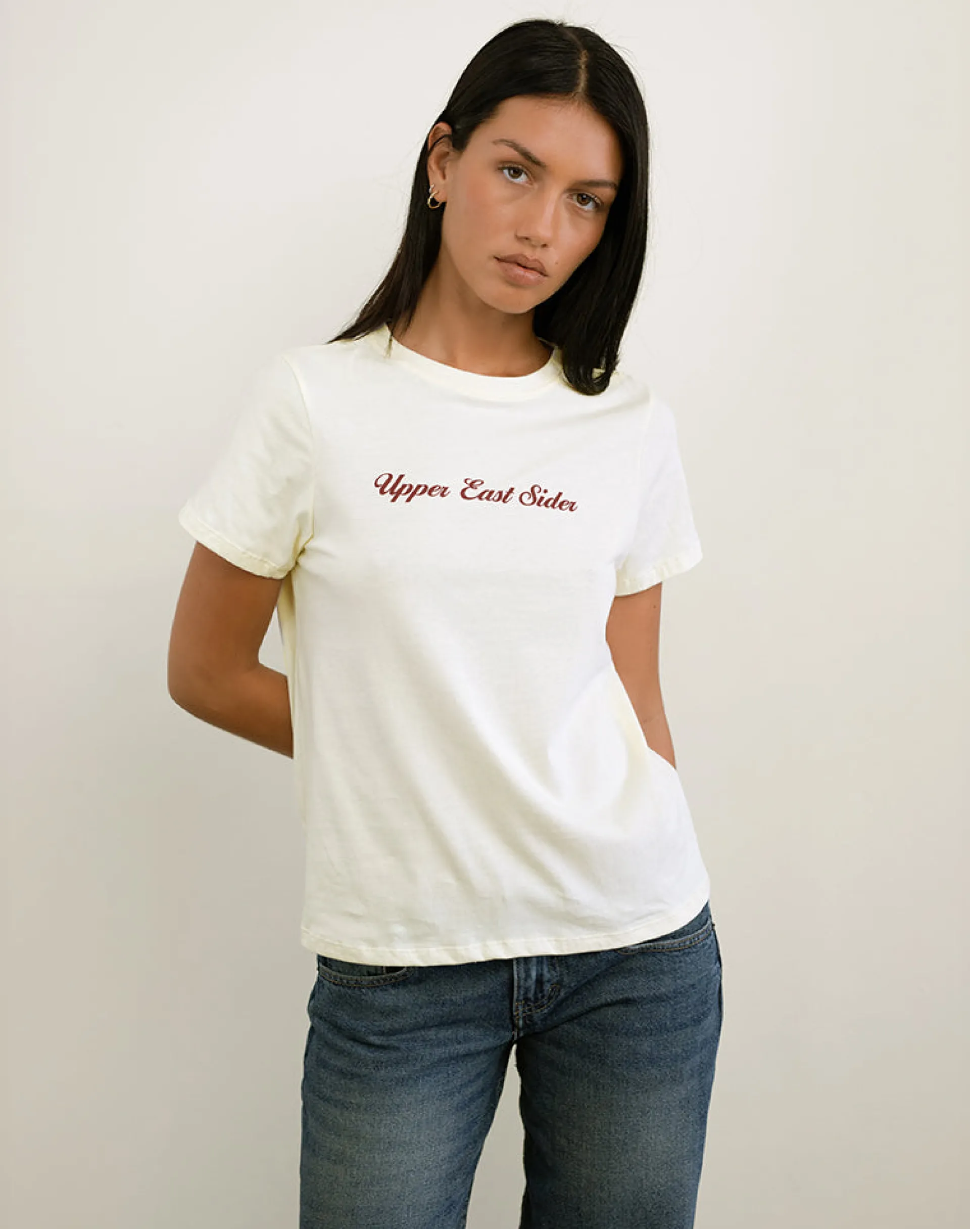 Motel Rocks Basic Tops | Printed Tops-Saki Tee in Ivory with Upper East Sider Print IvorywithUpperEastSiderPrint