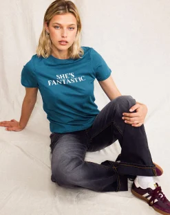 Motel Rocks Basic Tops | Printed Tops-Saki Tee in Mediterranean Blue with She's Fantastic Slogan MediterraneanBluewithShe'sFantasticSlogan