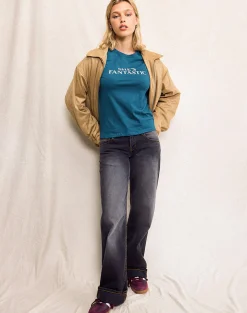 Motel Rocks Basic Tops | Printed Tops-Saki Tee in Mediterranean Blue with She's Fantastic Slogan MediterraneanBluewithShe'sFantasticSlogan