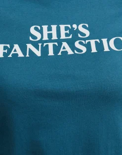 Motel Rocks Basic Tops | Printed Tops-Saki Tee in Mediterranean Blue with She's Fantastic Slogan MediterraneanBluewithShe'sFantasticSlogan