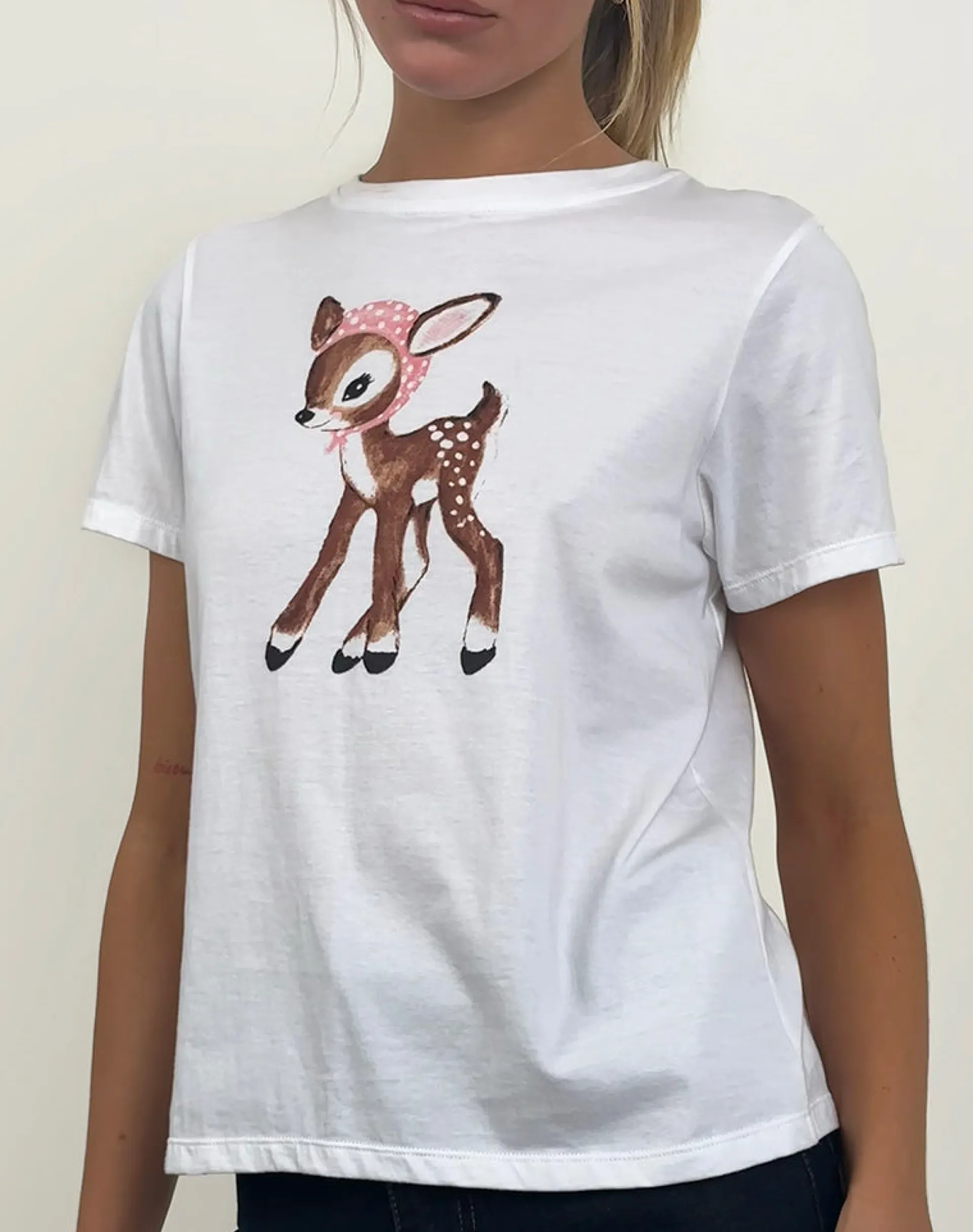 Motel Rocks Tees-Saki Tee in White Deer with Scarf WhiteDeerwithScarf