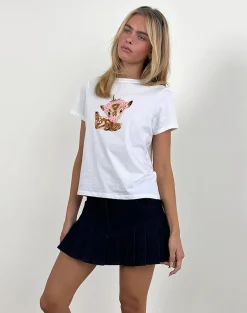 Motel Rocks Printed Tops | Tees-Saki Tee in White with Baby Deer Print WhitewithBabyDeerPrint