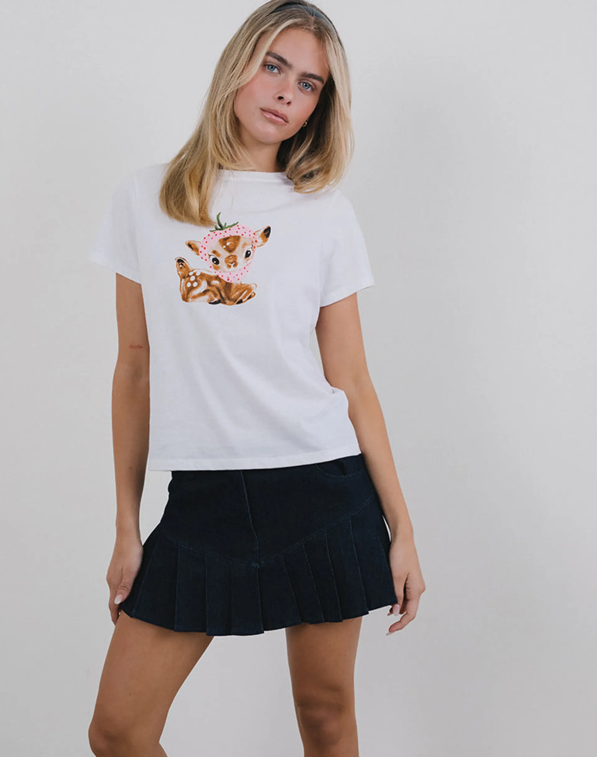 Motel Rocks Printed Tops | Tees-Saki Tee in White with Baby Deer Print WhitewithBabyDeerPrint