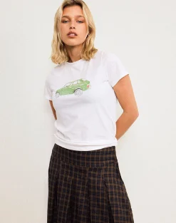 Motel Rocks Basic Tops | Printed Tops-Saki Tee in White with Green Car WhitewithGreenCar