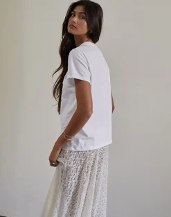 Motel Rocks Printed Tops | Tees-Saki Tee in White with Pink Cowboy Boot Print WhitewithPinkCowboyBootPrint