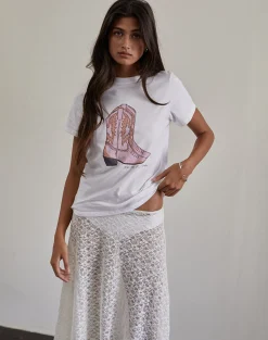 Motel Rocks Printed Tops | Tees-Saki Tee in White with Pink Cowboy Boot Print WhitewithPinkCowboyBootPrint