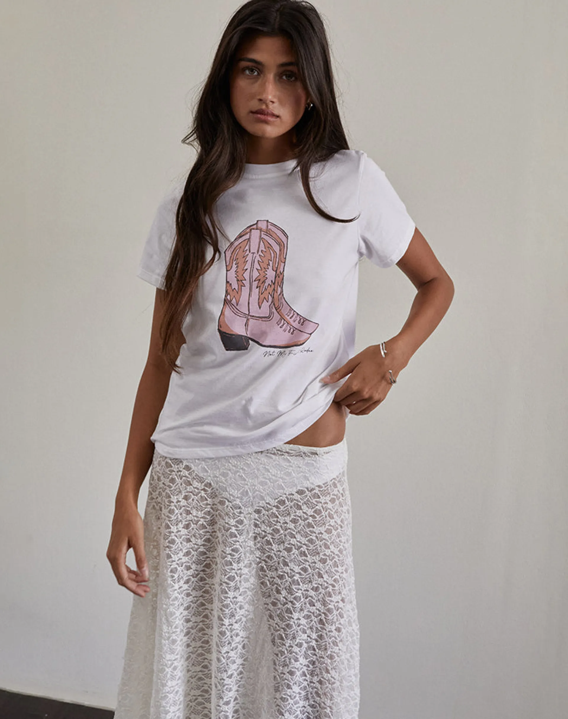 Motel Rocks Printed Tops | Tees-Saki Tee in White with Pink Cowboy Boot Print WhitewithPinkCowboyBootPrint