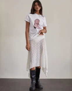 Motel Rocks Printed Tops | Tees-Saki Tee in White with Pink Cowboy Boot Print WhitewithPinkCowboyBootPrint