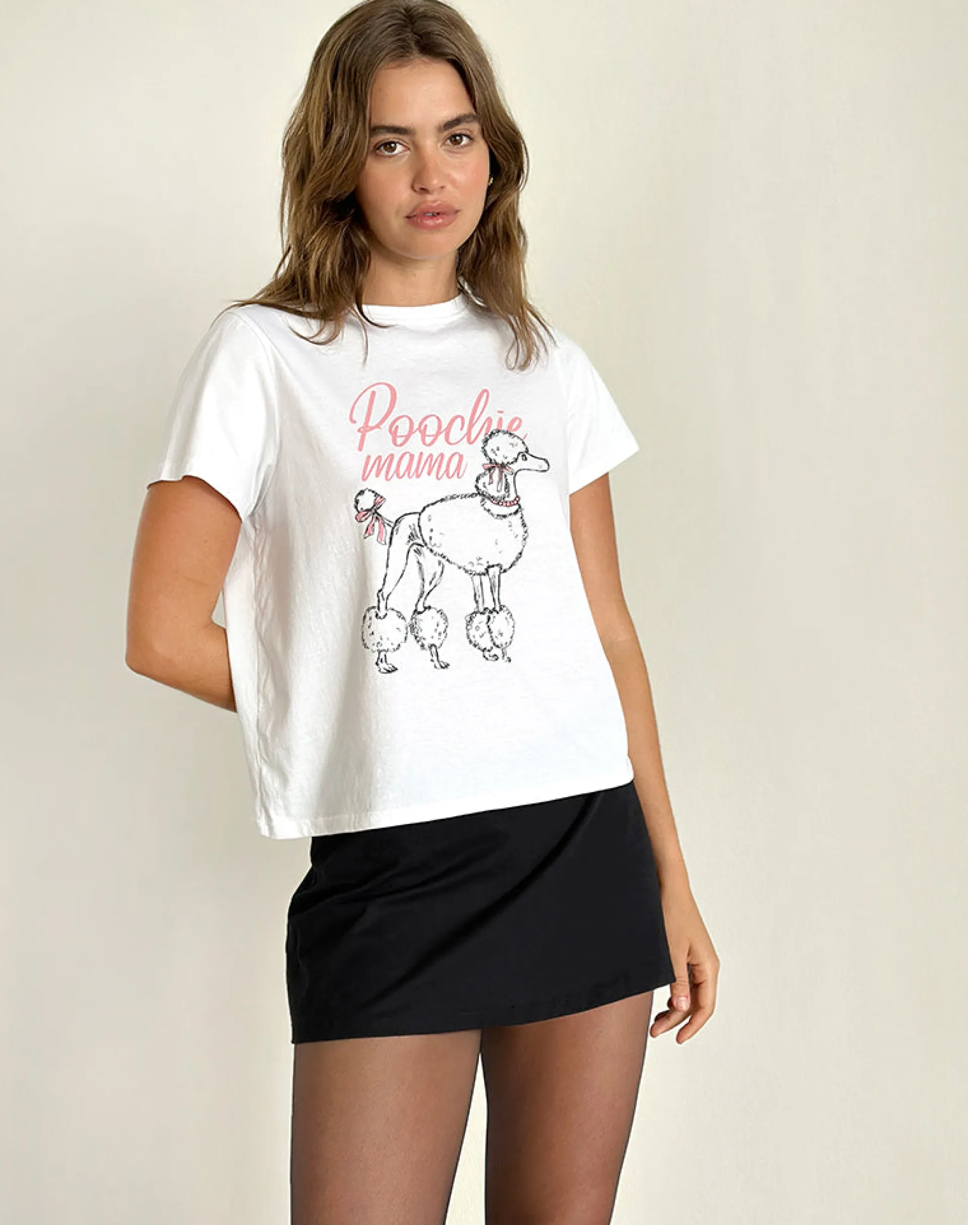 Motel Rocks Basic Tops | Tees-Saki Tee in White with Poodle Graphic WhitewithPoodleGraphic