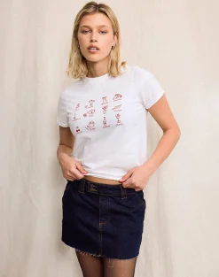 Motel Rocks Tees-Saki Tee in White with Red Star Signs Print WhitewithRedStarSignsPrint