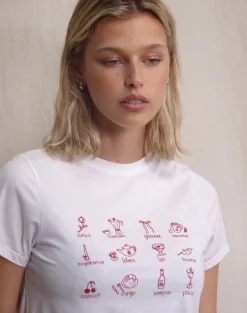 Motel Rocks Tees-Saki Tee in White with Red Star Signs Print WhitewithRedStarSignsPrint