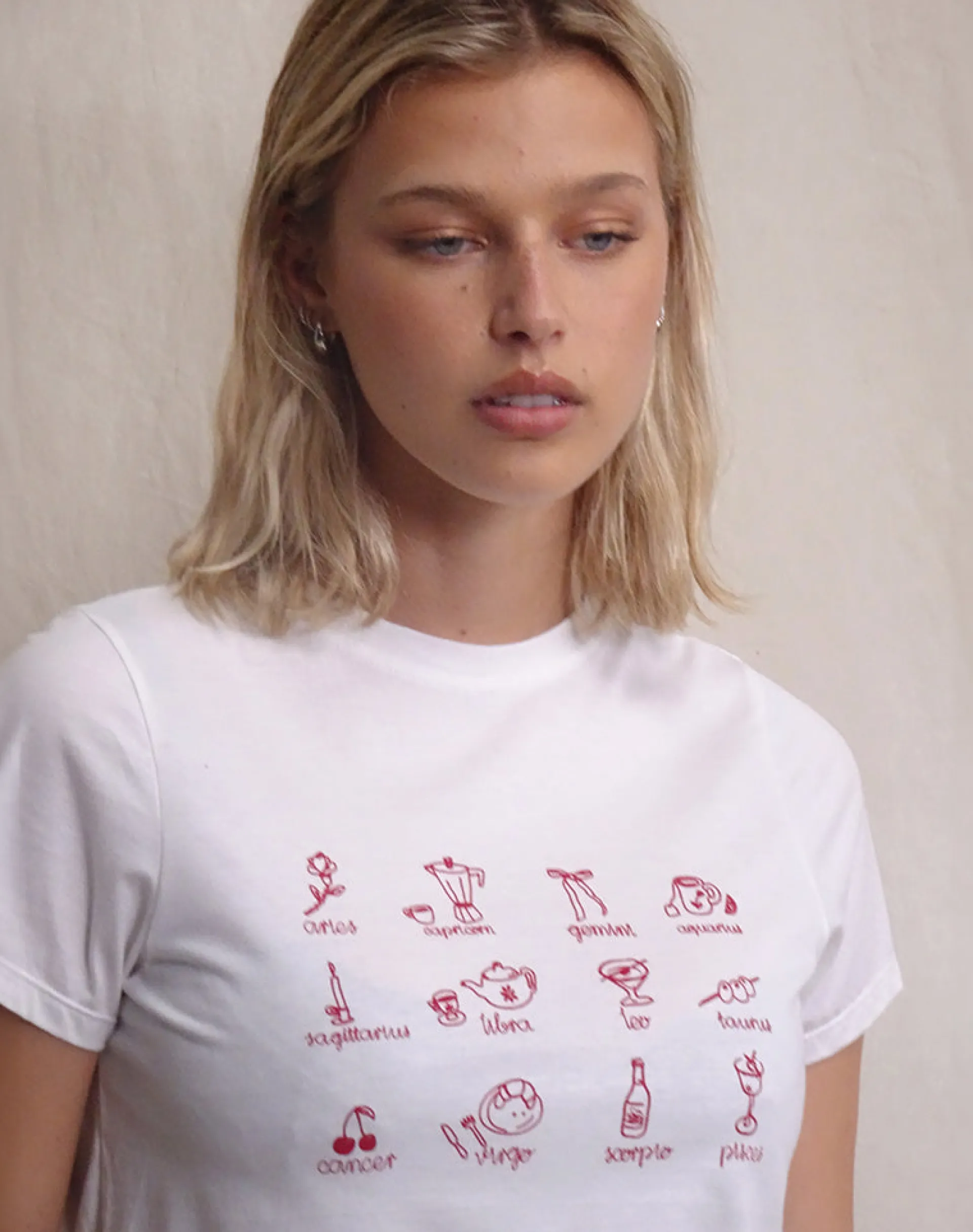 Motel Rocks Tees-Saki Tee in White with Red Star Signs Print WhitewithRedStarSignsPrint