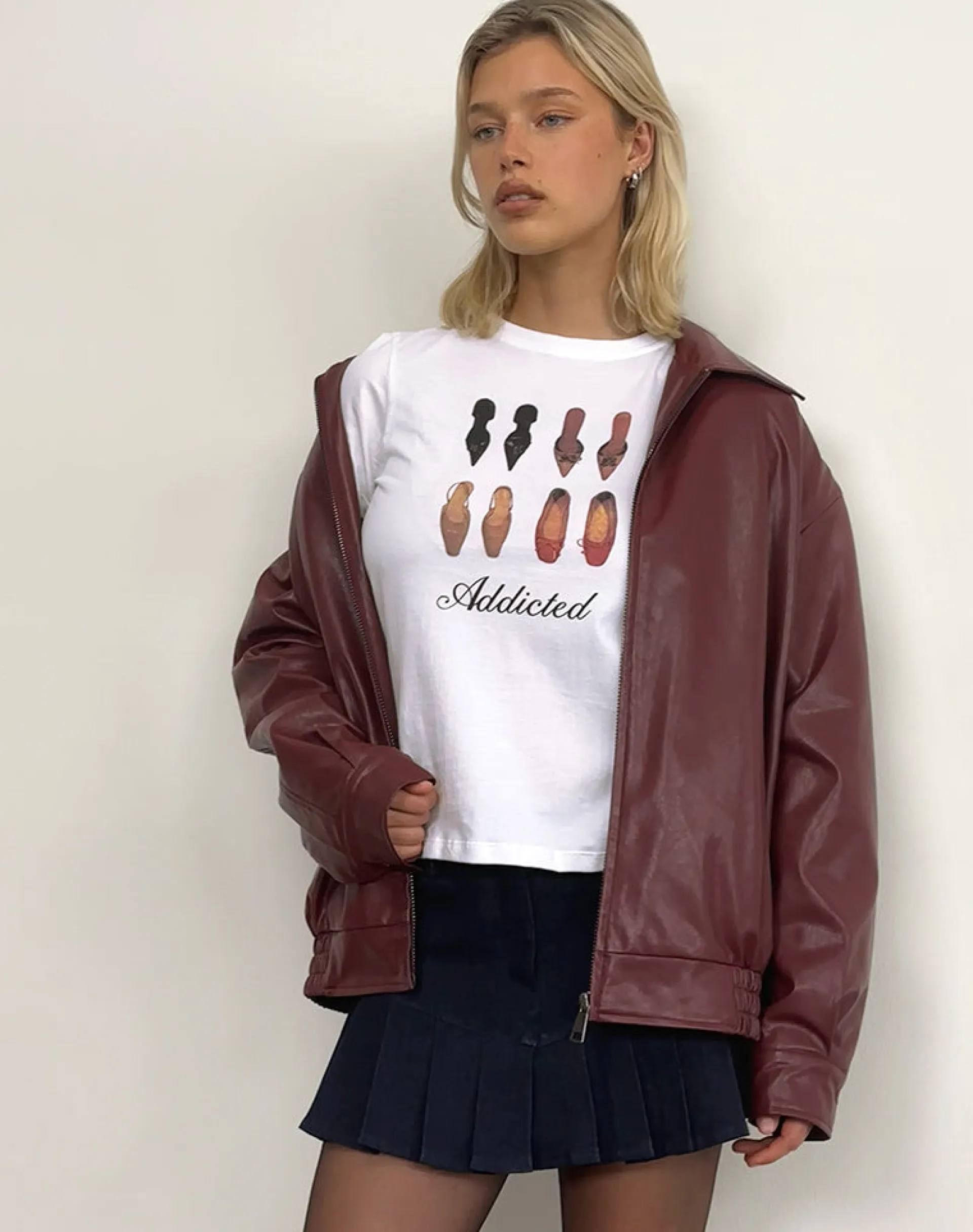 Motel Rocks Printed Tops | Tees-Saki Tee in White with Shoe Addicted Print WhitewithShoeAddictedPrint