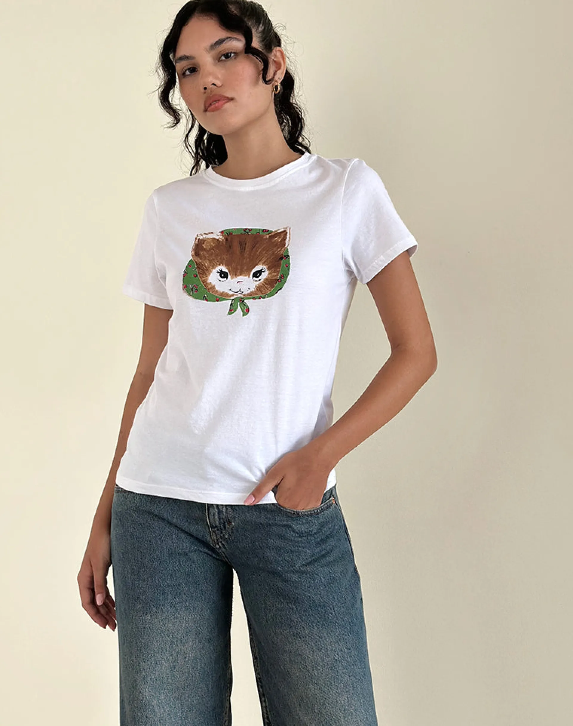 Motel Rocks Basic Tops | Printed Tops-Saki White Tee in Kitty Print KittyPrint