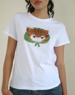 Motel Rocks Basic Tops | Printed Tops-Saki White Tee in Kitty Print KittyPrint
