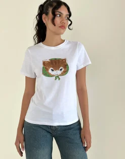 Motel Rocks Basic Tops | Printed Tops-Saki White Tee in Kitty Print KittyPrint