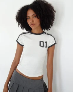 Motel Rocks Printed Tops-Salda Sporty Tee in Off White with Contrast Binding OffWhitewithContrastBinding