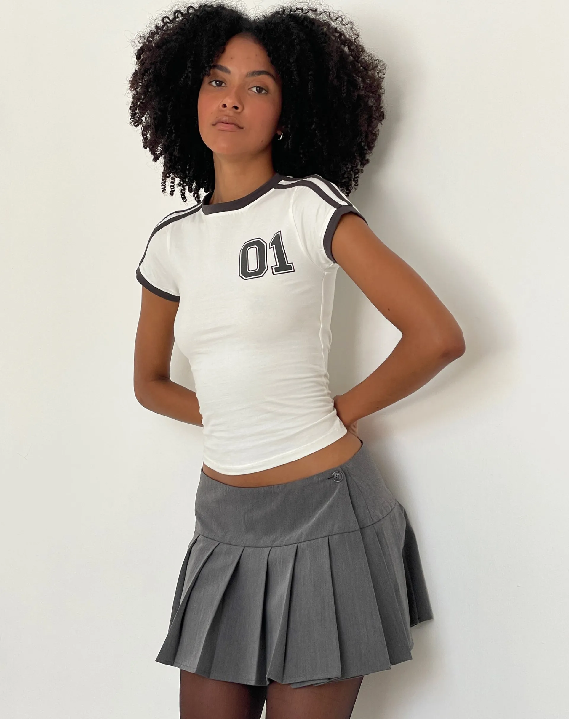 Motel Rocks Printed Tops-Salda Sporty Tee in Off White with Contrast Binding OffWhitewithContrastBinding