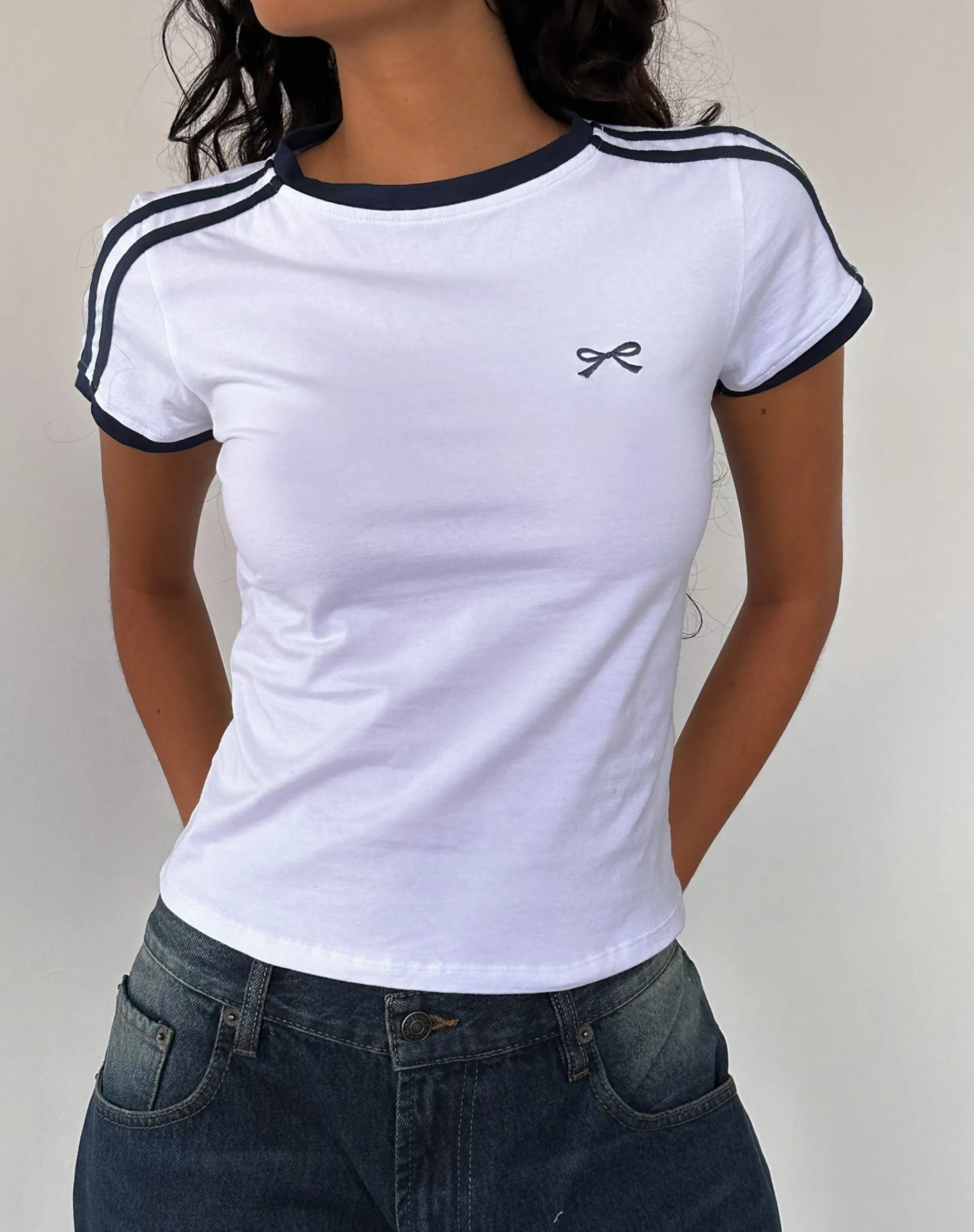 Motel Rocks Basics | Basic Tops-Salda Sporty Tee in White with Navy Binding WhitewithNavyBinding