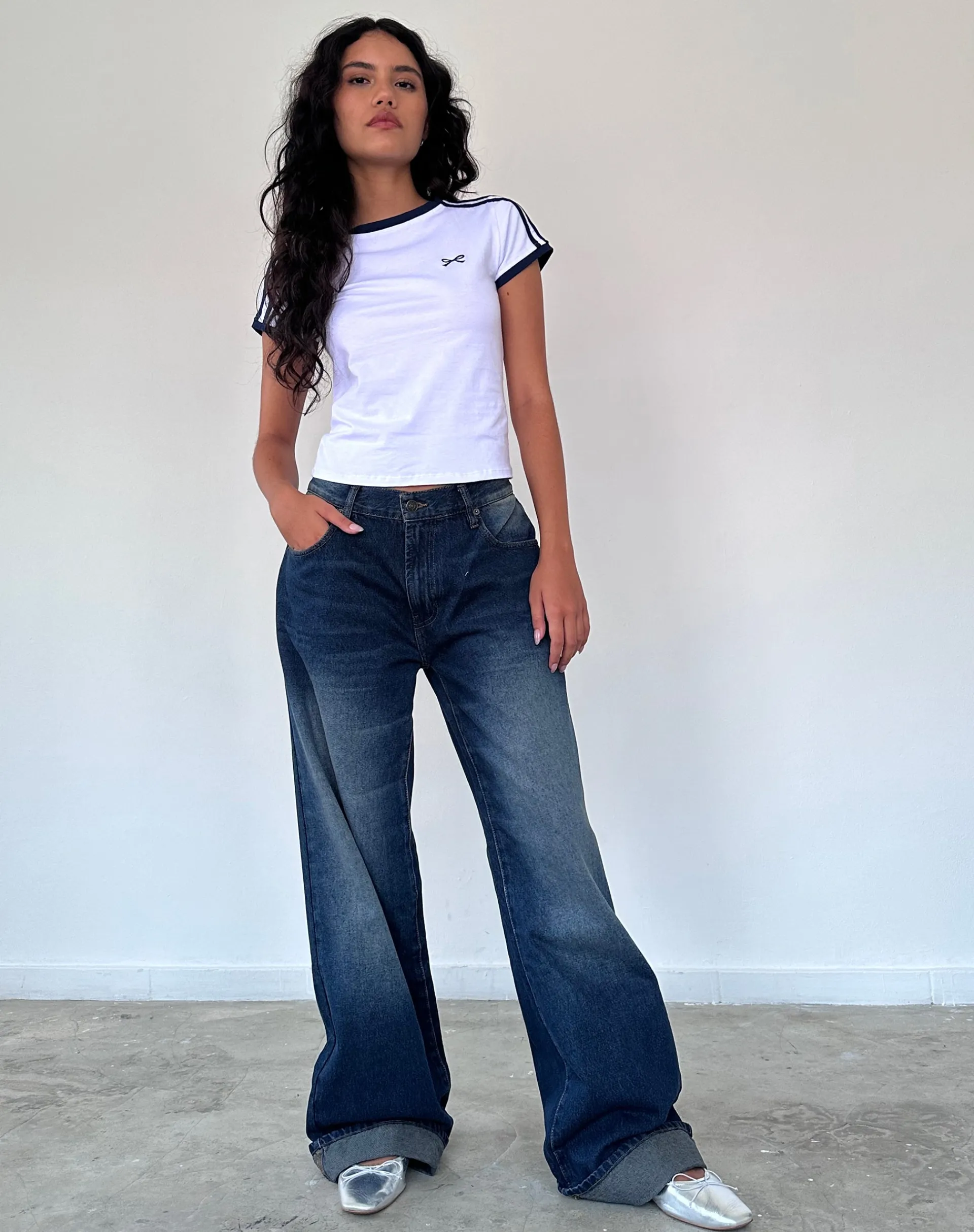 Motel Rocks Basics | Basic Tops-Salda Sporty Tee in White with Navy Binding WhitewithNavyBinding