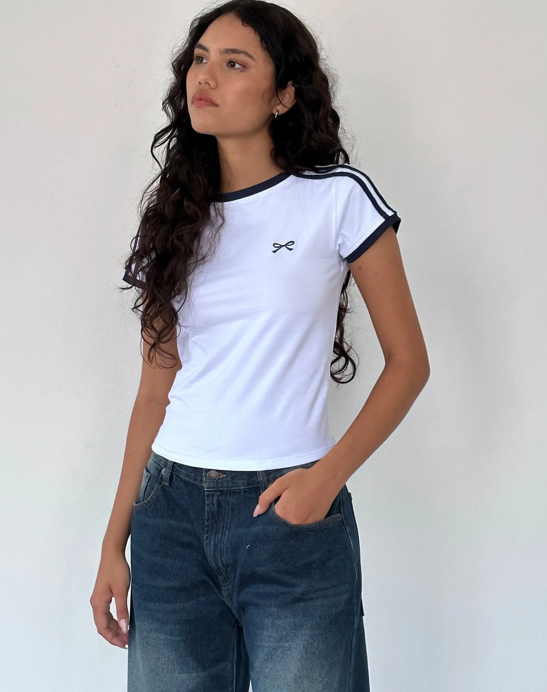 Motel Rocks Basics | Basic Tops-Salda Sporty Tee in White with Navy Binding WhitewithNavyBinding