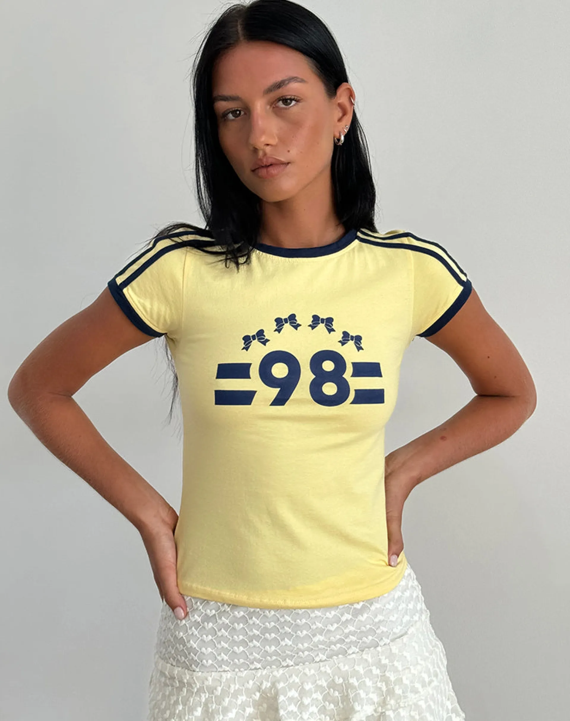 Motel Rocks Printed Tops | Tees-Salda Tee in Lemonade with Navy Binding and '98' Emb LemonadewithNavyBindingBindingand'98'Emb
