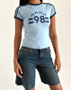 Motel Rocks Printed Tops | Tees-Salda Tee in Nantucket Blue with Navy Binding and '98' Emb NantucketBluewithNavyBindingand'98'Emb