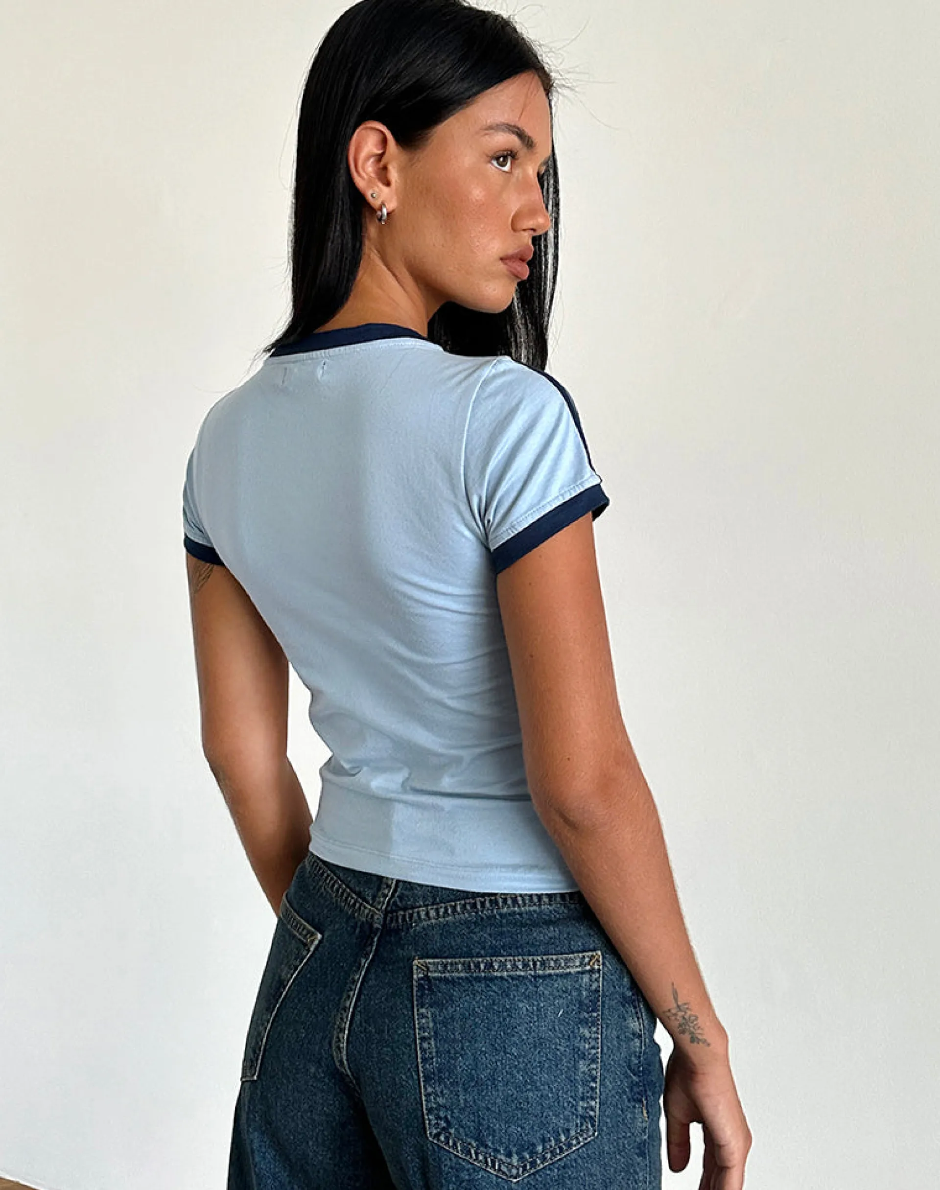 Motel Rocks Printed Tops | Tees-Salda Tee in Nantucket Blue with Navy Binding and '98' Emb NantucketBluewithNavyBindingand'98'Emb