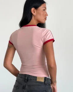 Motel Rocks Tees-Salda Tee in Pink Lady with Adrenaline Red Binding and '98' Emb PinkLadywithAdrenalineRedBindingand'98'Emb