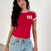 Motel Rocks Printed Tops | Tees-Salda Tee in Tango Red with Off White Binding TangoRedwithOffWhiteBinding