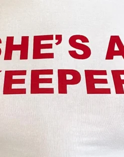 Motel Rocks Basic Tops | Printed Tops-Salda Tee in White with She's a Keeper and Tango Red Binding She'saKeeperandTangoRedBinding