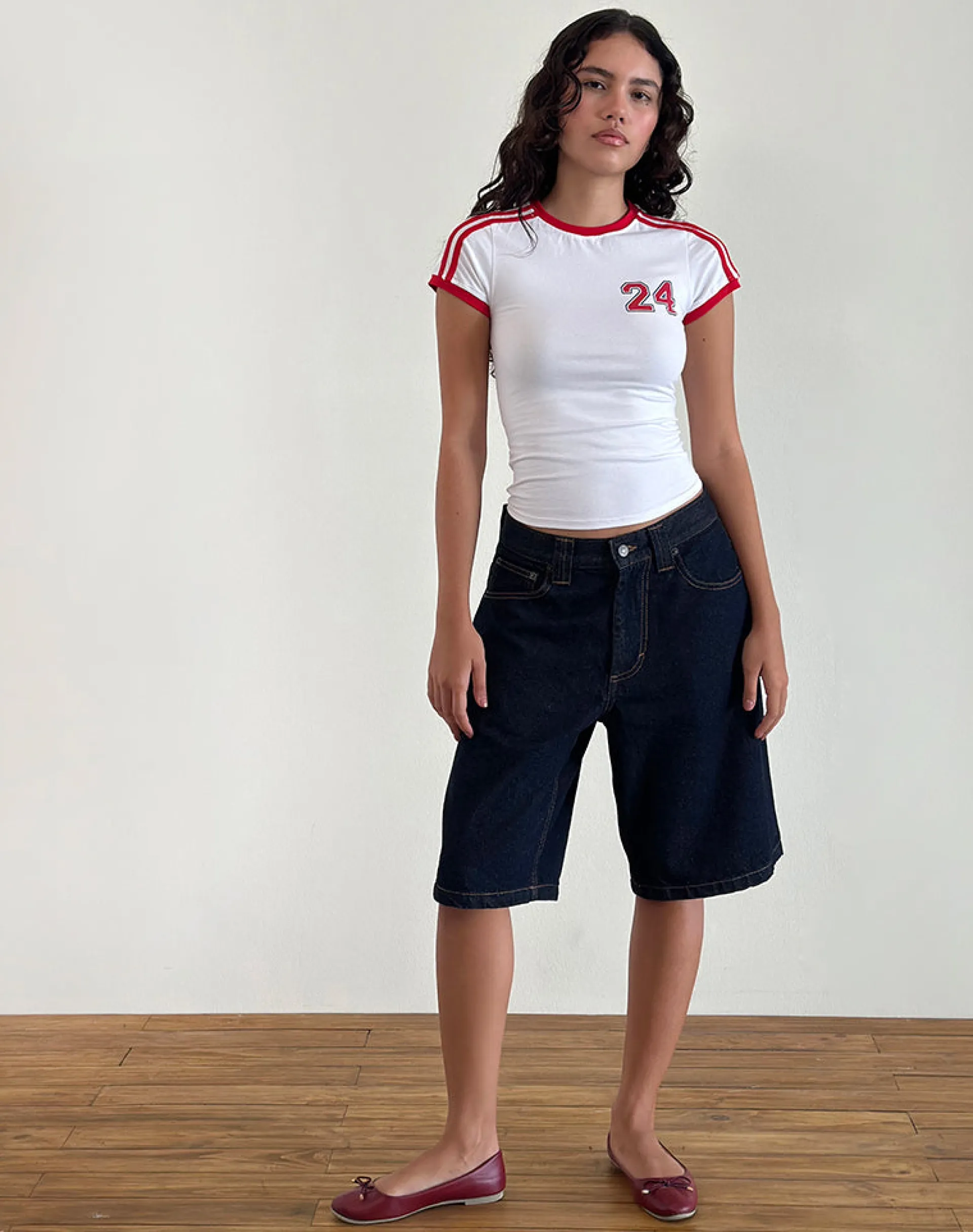 Motel Rocks Basic Tops | Printed Tops-Salda Tee in White with Tango Red Binding WhitewithTangoRedBinding